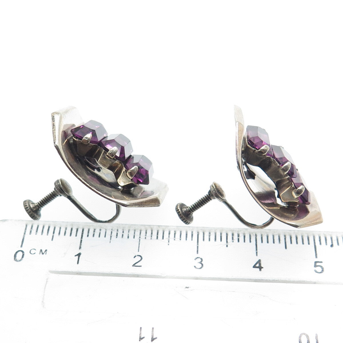 925 Sterling Silver Antique Art Deco Purple Rhinestone Screw Back Earrings