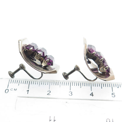 925 Sterling Silver Antique Art Deco Purple Rhinestone Screw Back Earrings