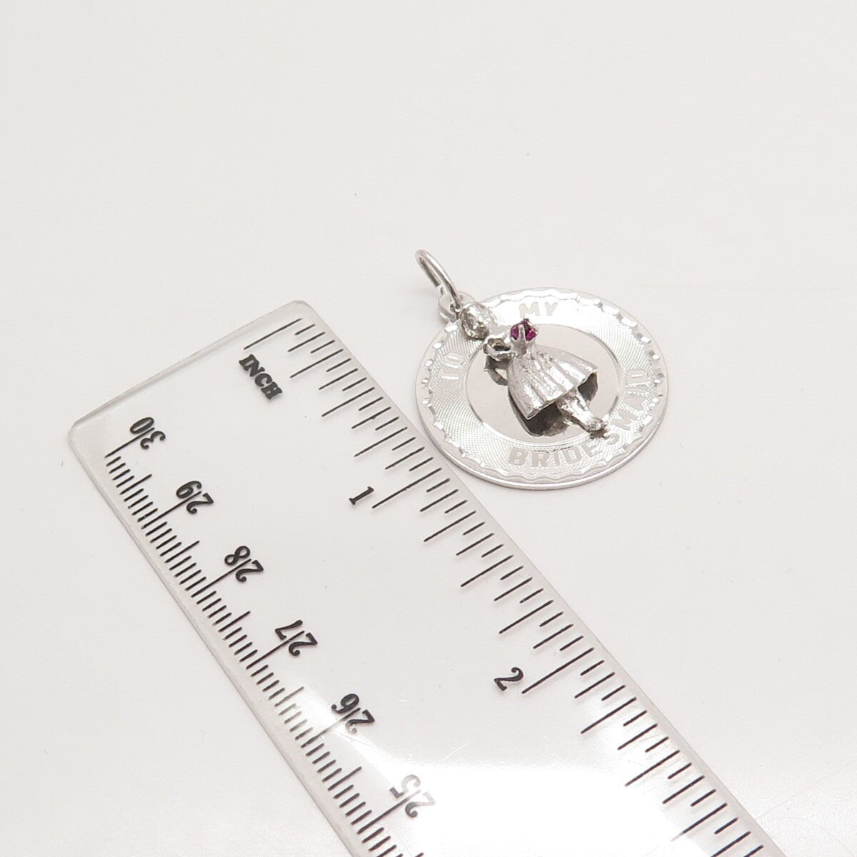 925 Sterling Silver Vintage Pink C Z "To My Bridesmaid" Round Pendant