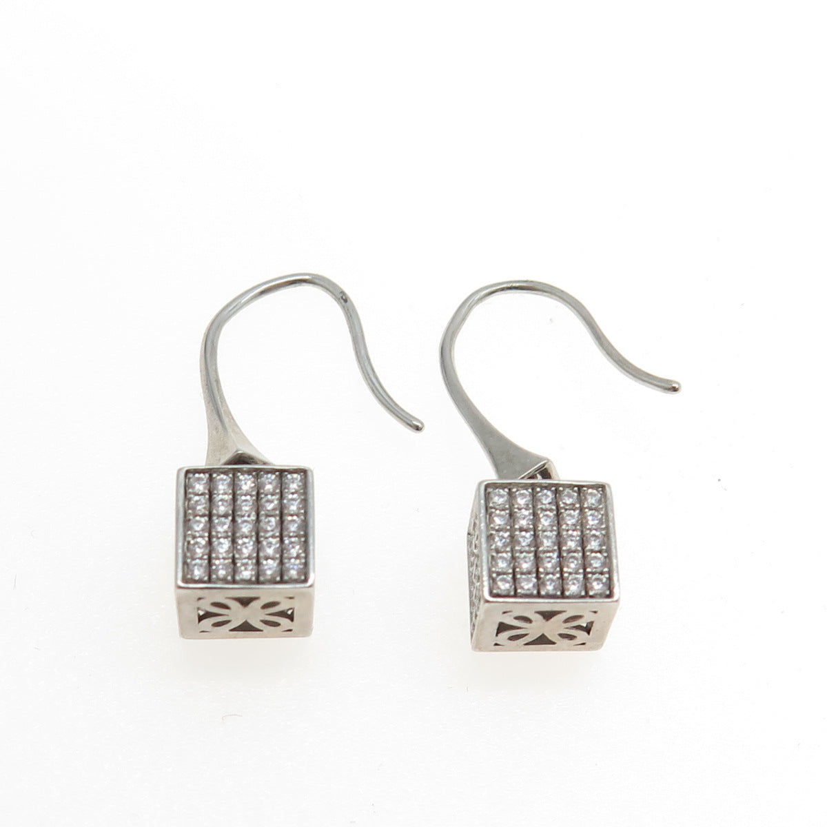 925 Sterling Silver Pave C Z Box Hook Earrings