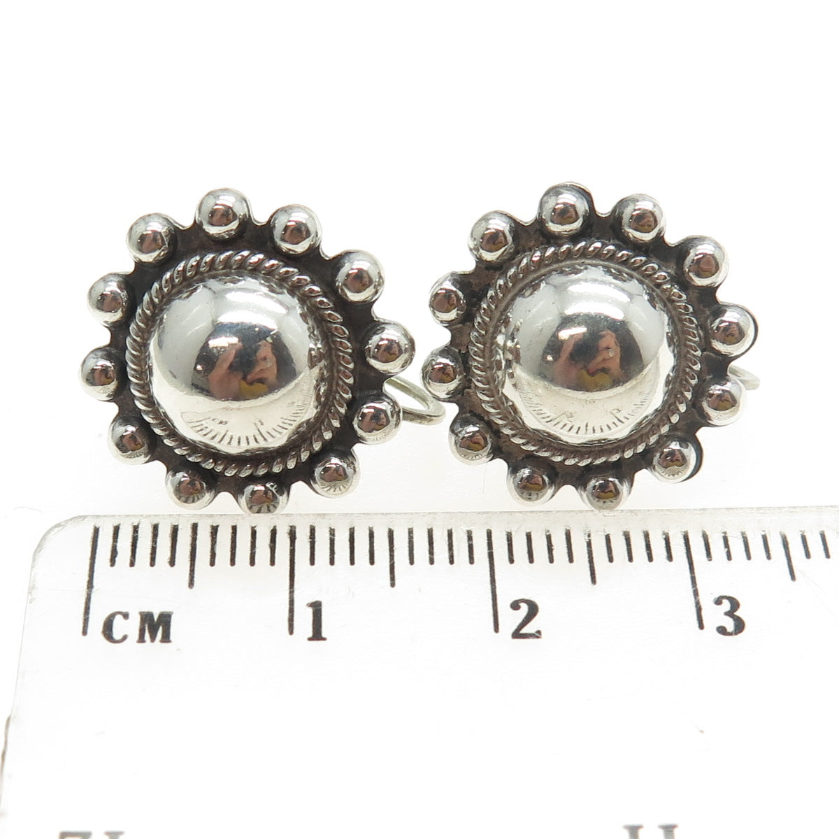 Old Pawn 925 Sterling Silver Vintage Southwestern Beaded Sun Screw Back Earrings