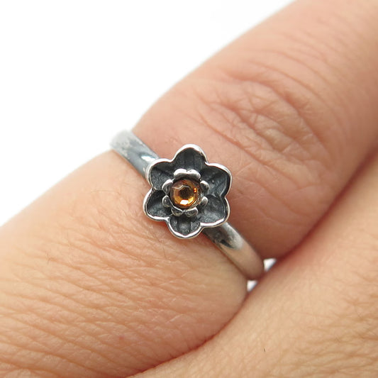 925 Sterling Silver Vintage Yellow Rhinestone Floral Blossom Ring Size 4.25