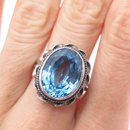 O'BRIEN 925 Sterling Silver Vintage Real Blue Topaz Oxidized Ring Size 6.25