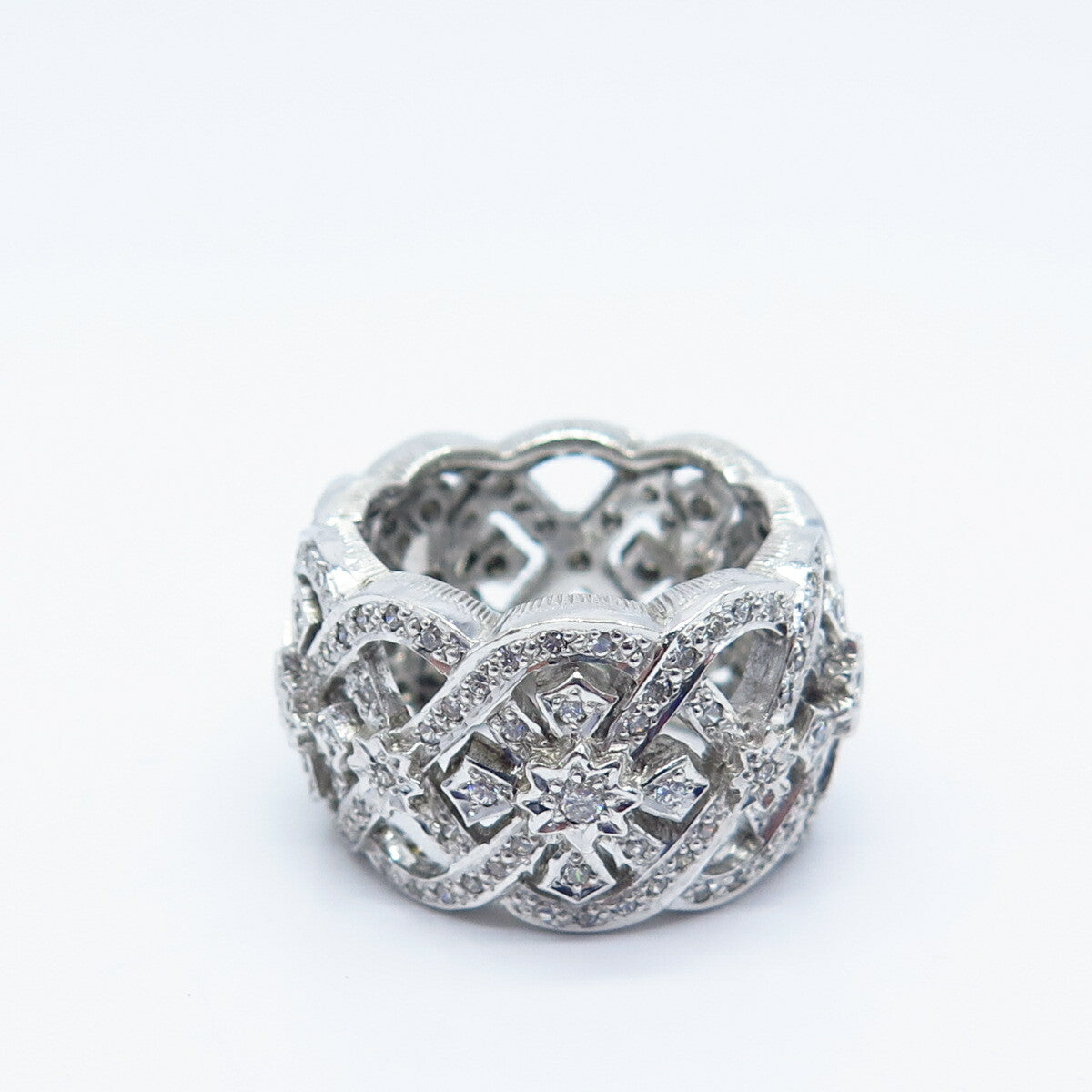 925 Sterling Silver Pave C Z Ornate Wide Band Ring Size 7.25