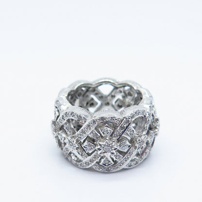 925 Sterling Silver Pave C Z Ornate Wide Band Ring Size 7.25