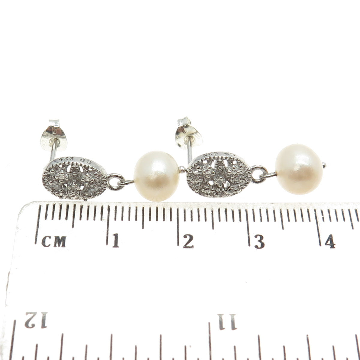 925 Sterling Silver Real Pearl & C Z Dangling Earrings