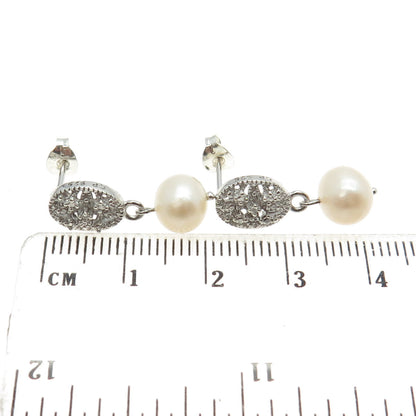 925 Sterling Silver Real Pearl & C Z Dangling Earrings