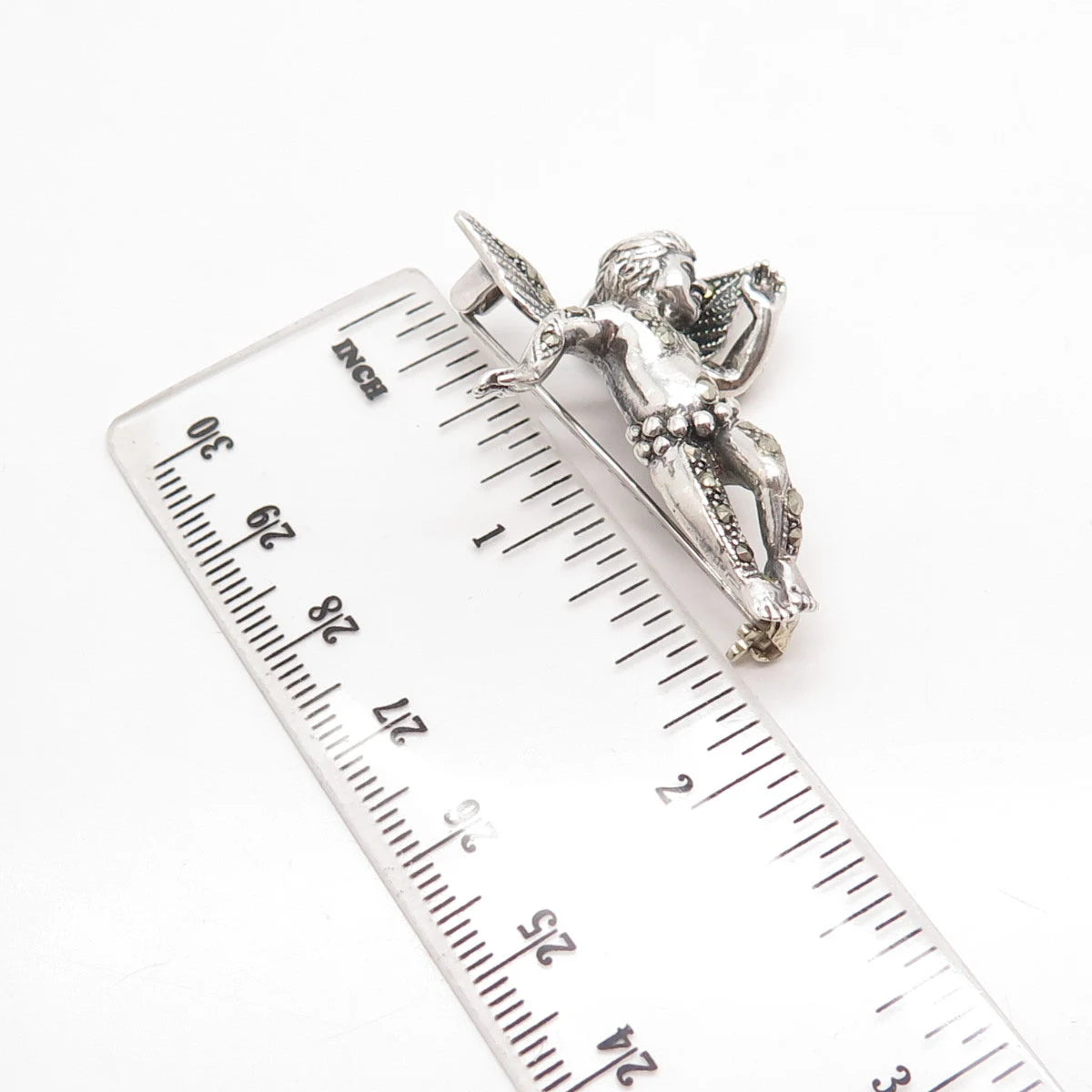 925 Sterling Silver Antique Real Marcasite Gem Angel Pin Brooch / Slide Pendant