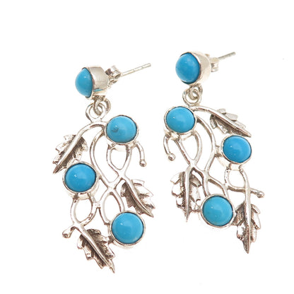925 Sterling Vintage Real Sleeping Beauty Turquoise Floral Leaf Dangle Earrings