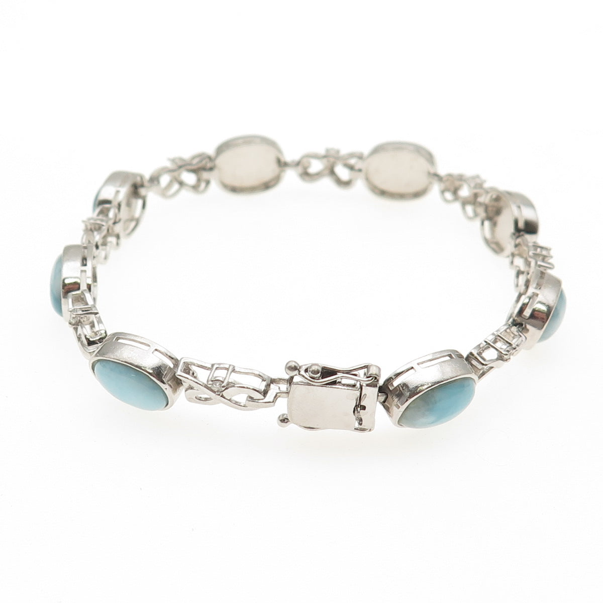 JH YOUNG 925 Sterling Silver Real Larimar & C Z Infinity Link Bracelet 7.75"