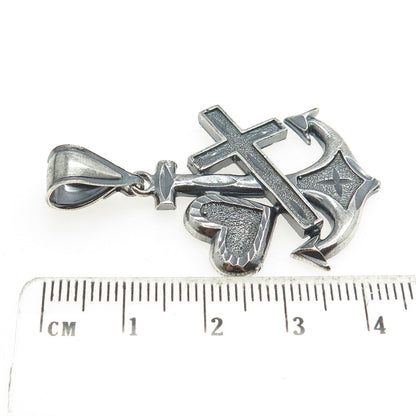 925 Sterling Silver Vintage Anchor Cross & Heart Oxidized Pendant