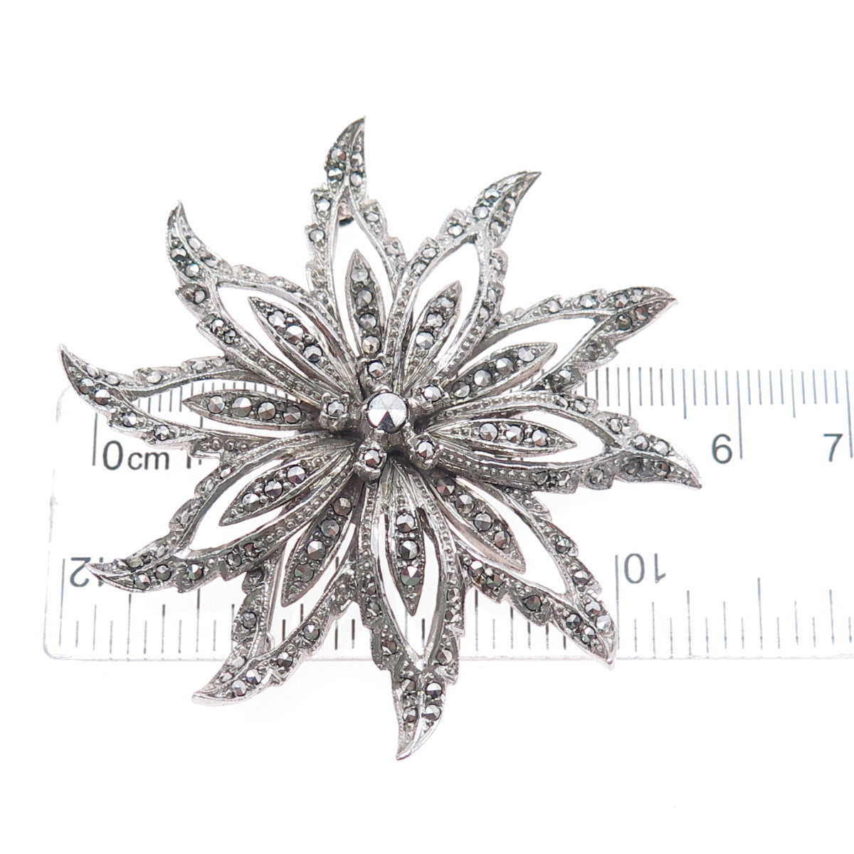 925 Sterling Silver Antique Art Deco Real Marcasite Flower Pin Brooch