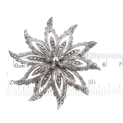 925 Sterling Silver Antique Art Deco Real Marcasite Flower Pin Brooch