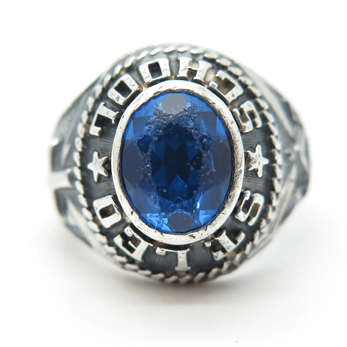 925 Sterling Silver Vintage Blue Glass "St. Leo" School Ring Size 7