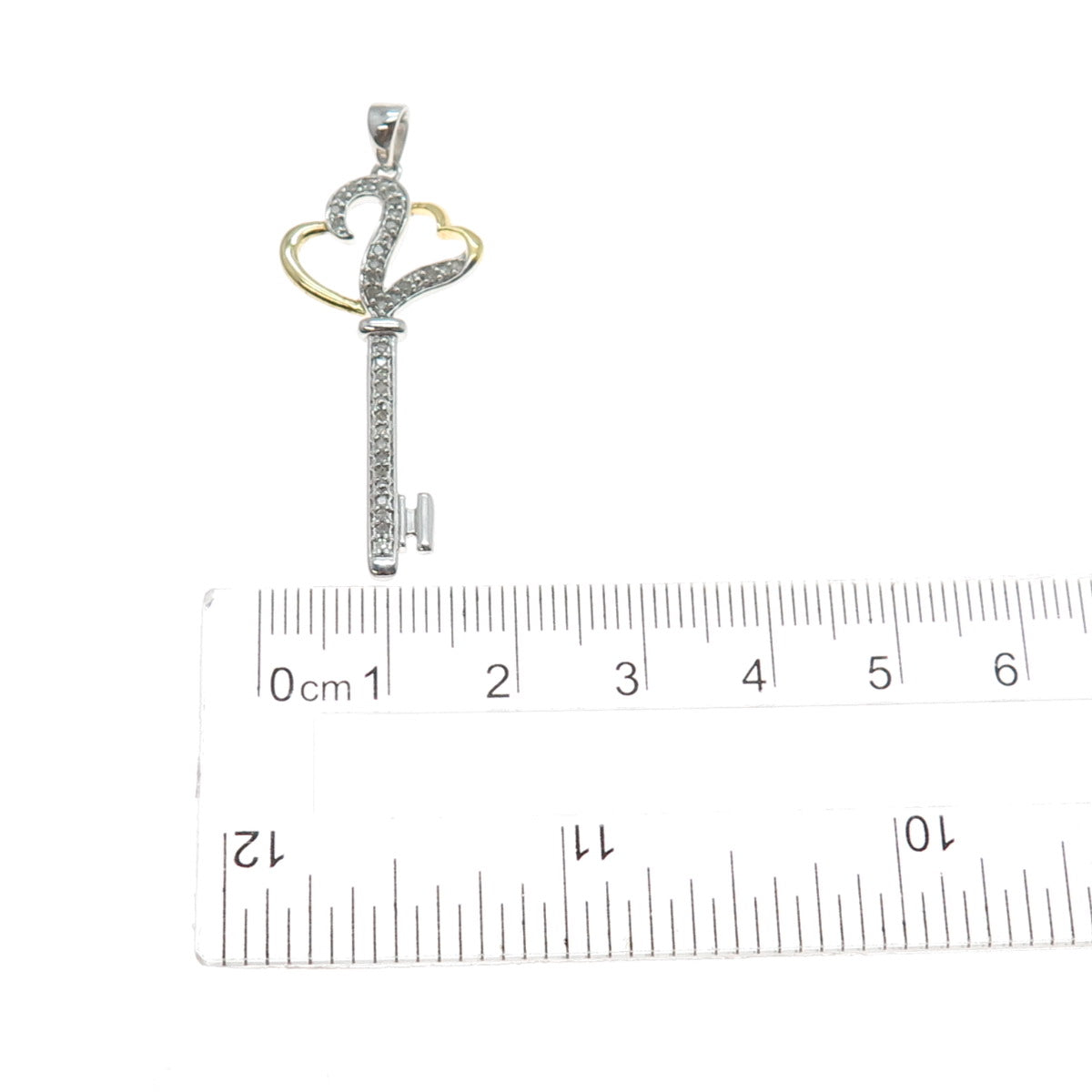 925 Sterling Silver 2-Tone Real Round-Cut Diamond Couple Heart Key Charm Pendant