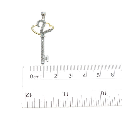 925 Sterling Silver 2-Tone Real Round-Cut Diamond Couple Heart Key Charm Pendant
