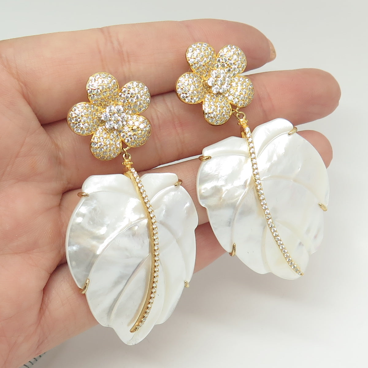 925 Sterling Silver Gold Plated Vintage Real MOP & C Z Floral Statement Earrings