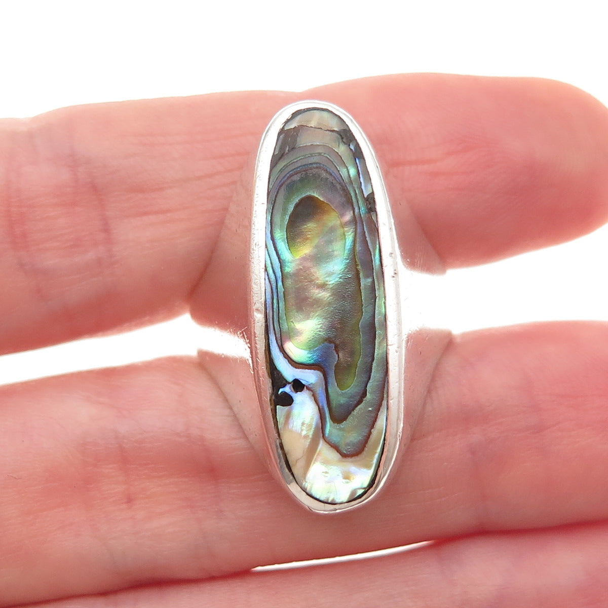 925 Sterling Silver Vintage Real Abalone Shell Modernist Oxidized Ring Size 8.5