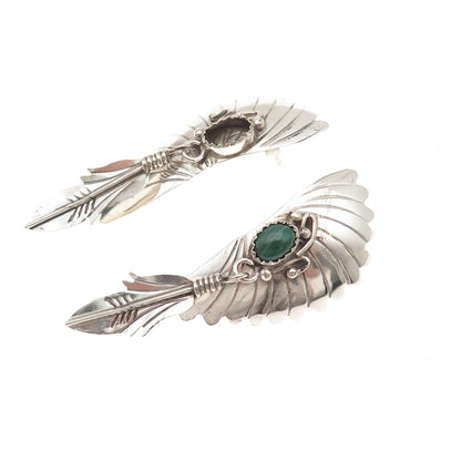 Old Pawn 925 Sterling Silver Vintage Malachite Feather Earrings (missing stone)