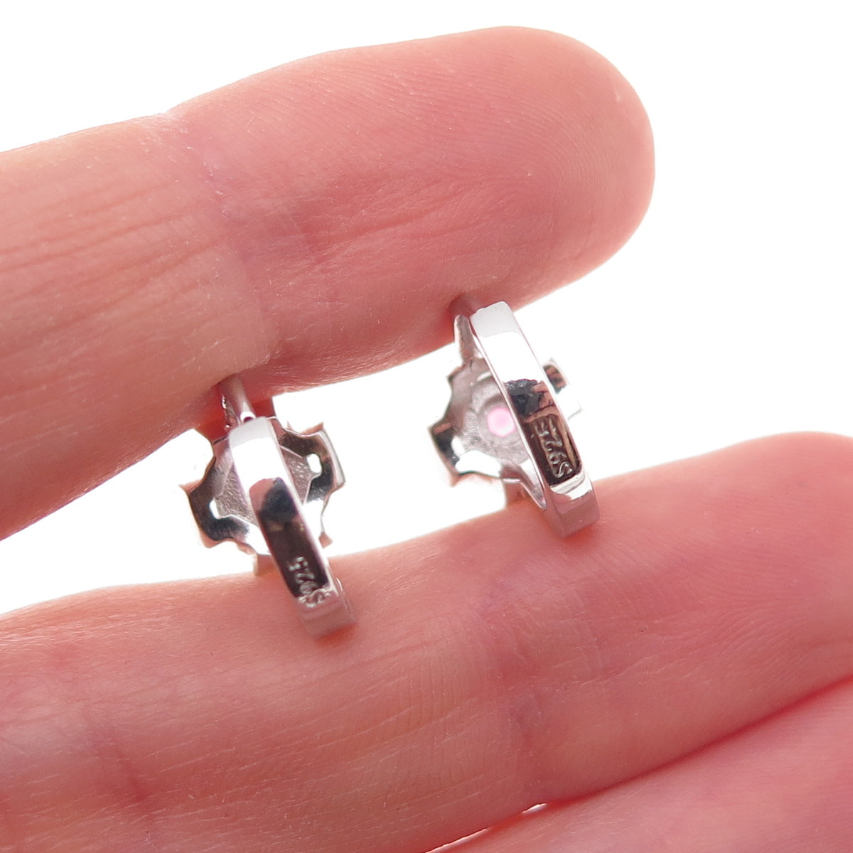 925 Sterling Silver Pink & White C Z Cross Hoop Earrings