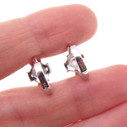925 Sterling Silver Pink & White C Z Cross Hoop Earrings