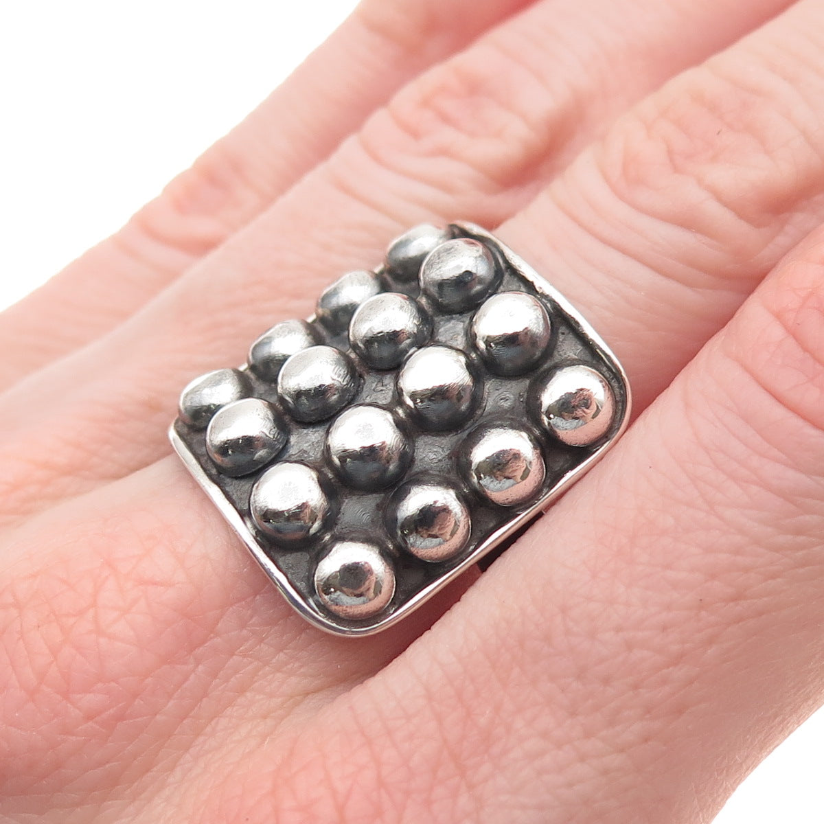 925 Sterling Silver Vintage Modernist Beaded Oxidized Ring Size 9