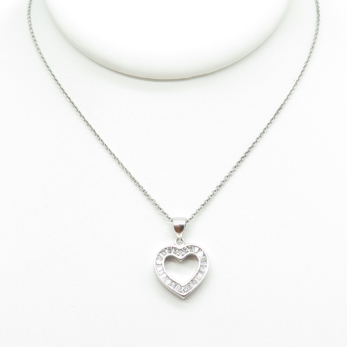 925 Sterling Silver Tapered Baguette-Cut C Z Heart Cable Chain Necklace 16"