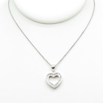 925 Sterling Silver Tapered Baguette-Cut C Z Heart Cable Chain Necklace 16"