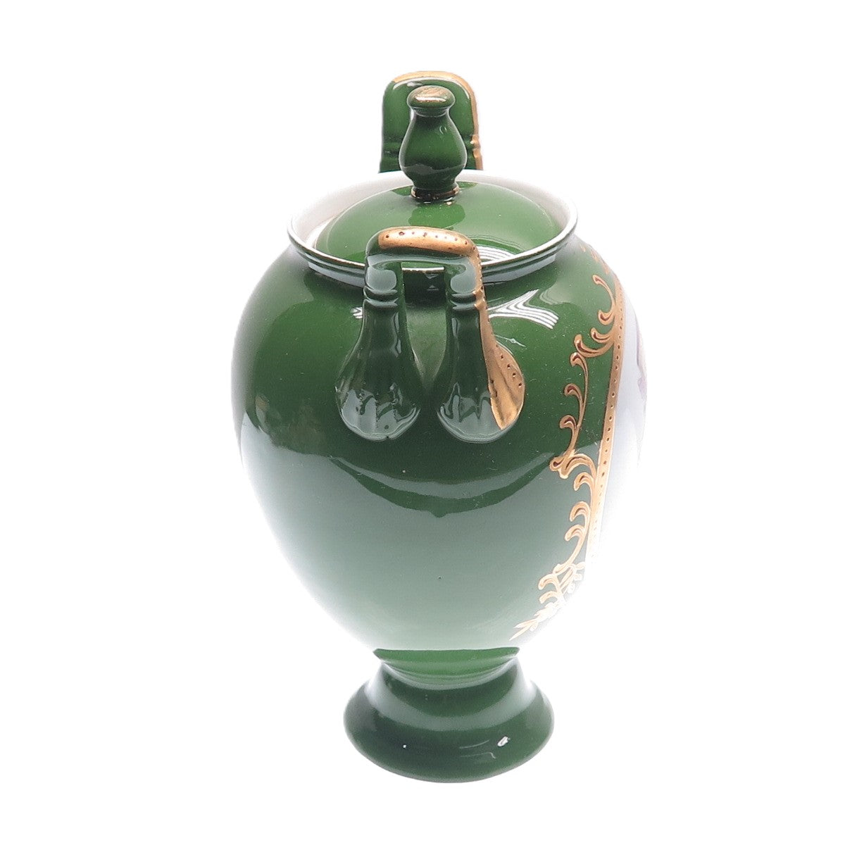 Antique Late XIX Gold & Green Hand-Painted Porcelain Victorian Lady Vase w/ Lid