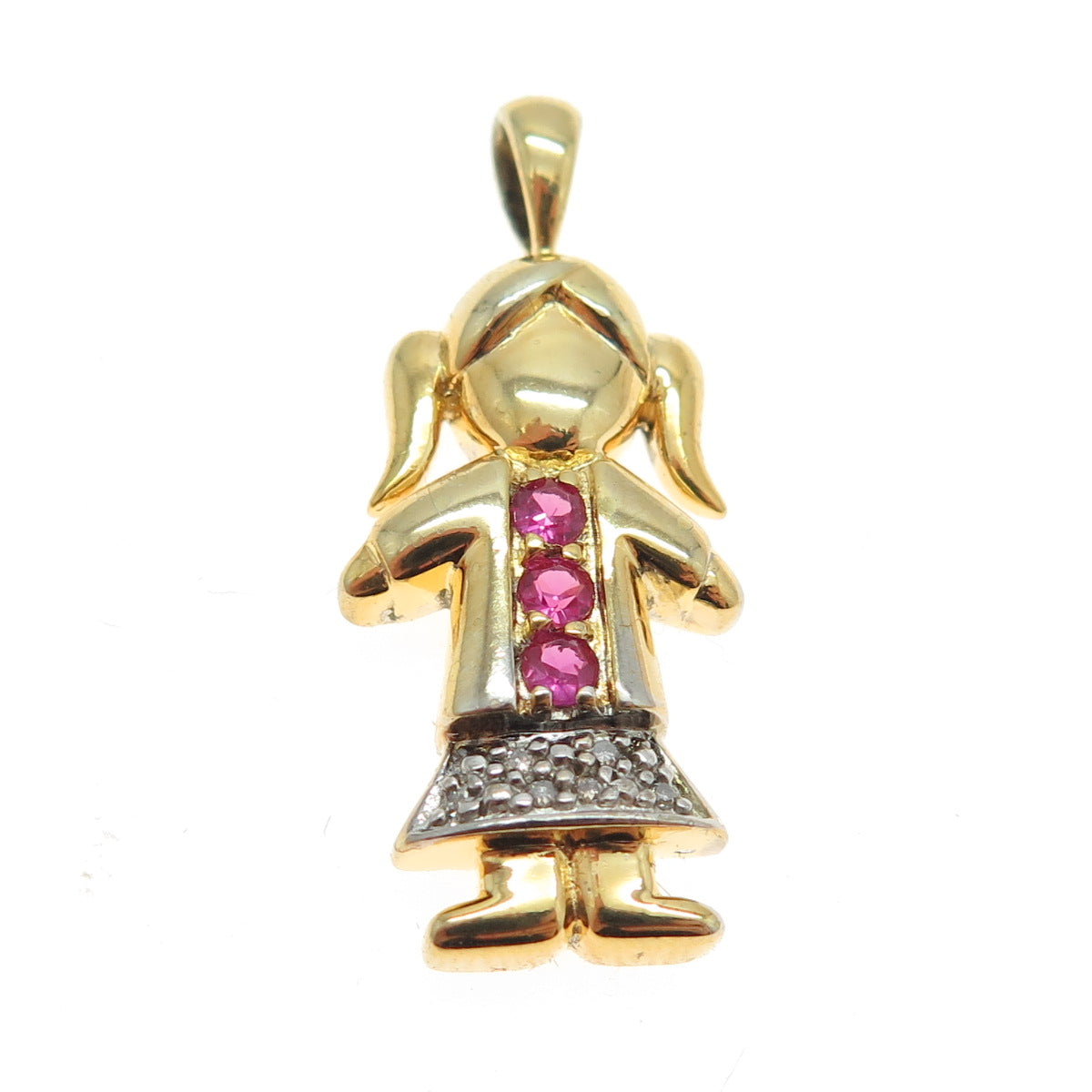 925 Sterling Silver 2-Tone Real White Diamond & Ruby Gemstone Girl Pendant