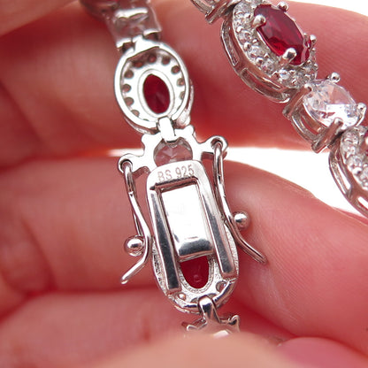 925 Sterling Silver Oval-Cut Red & Round-Cut White C Z Bracelet 7.25"