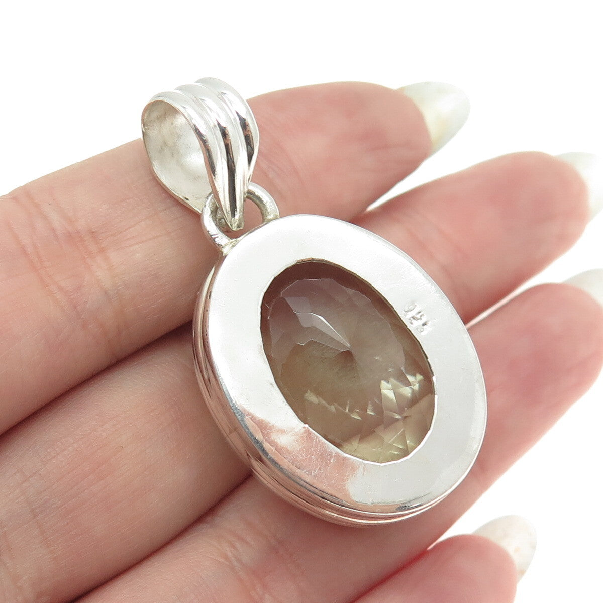 925 Sterling Silver Vintage Real Oval-Cut Green Amethyst Pendant
