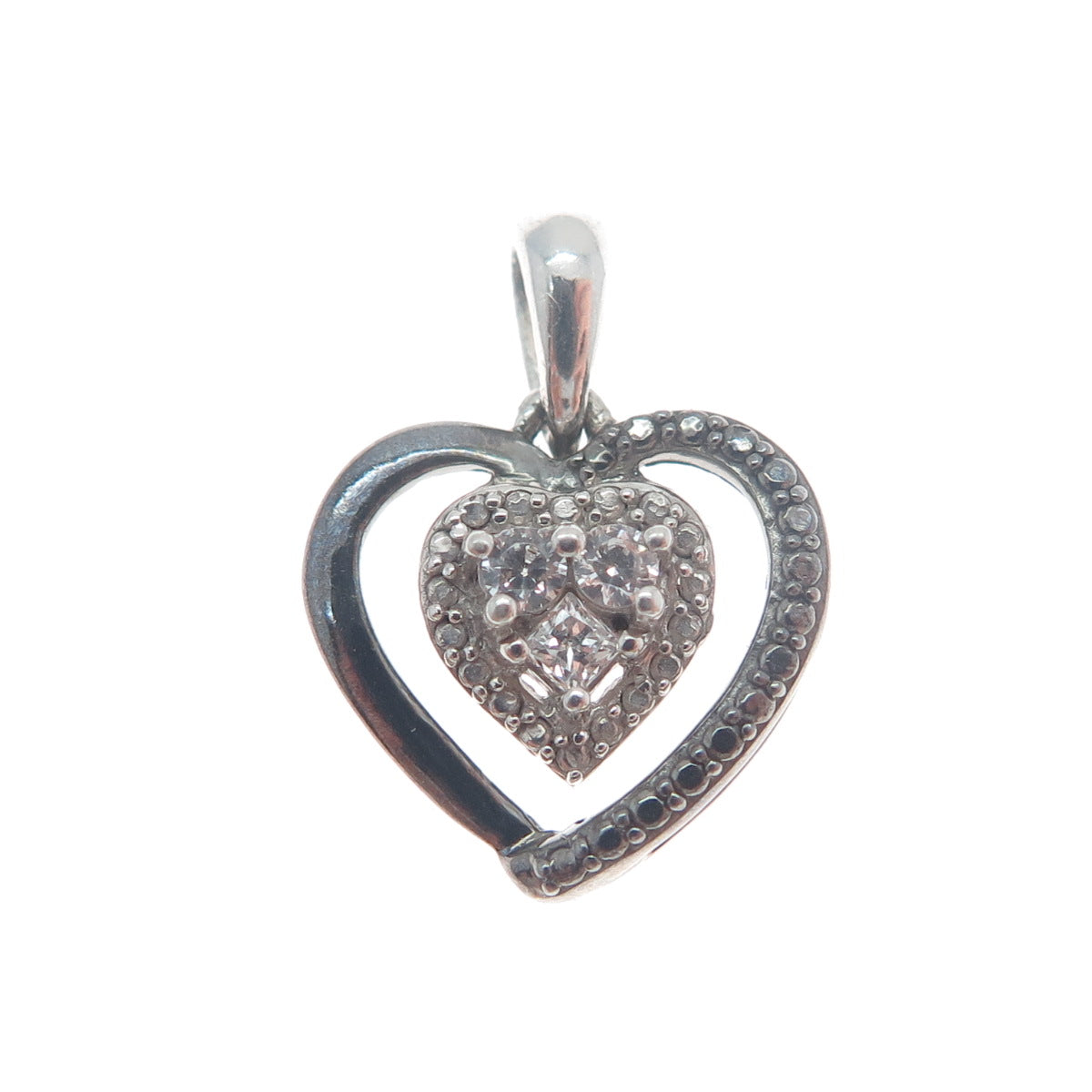 925 Sterling Silver Black Rhodium Round-Cut C Z Heart Minimalist Charm Pendant