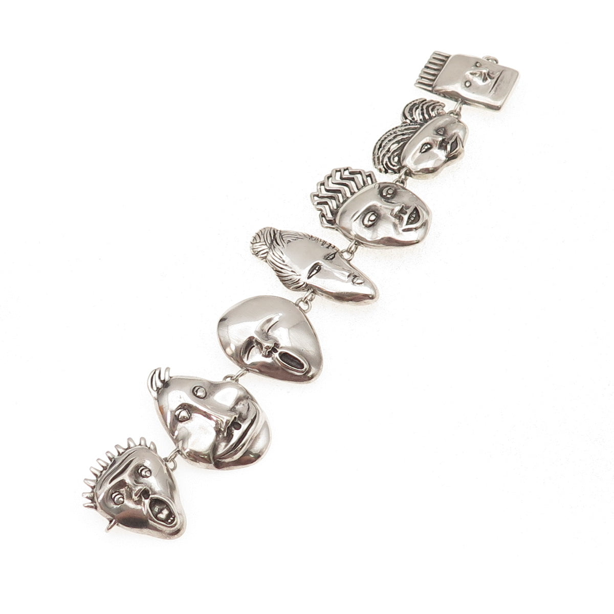 Nancy Hoyt Sterling Silver Vintage Abstract Masks Bracelet 6.75" (missing lock)