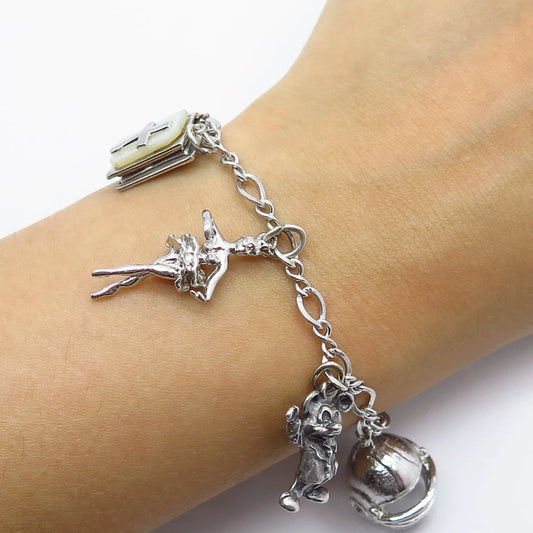 925 Sterling Silver Vintage Enamel Assorted Charms Figaro Link Bracelet 7.25"