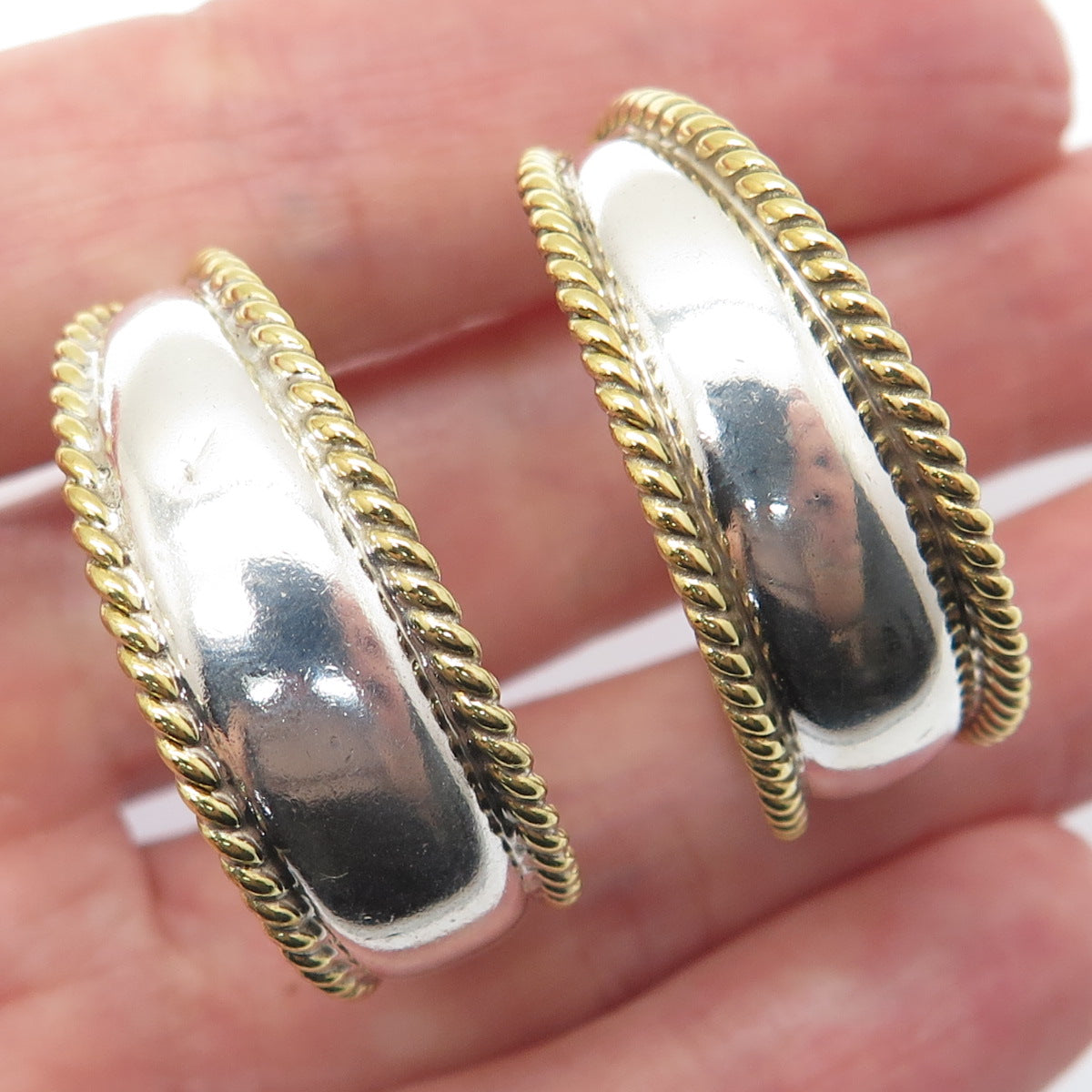 ATI ANNIKA WITT 925 Sterling Silver 2-Tone Vintage Mexico Crescent Hoop Earrings