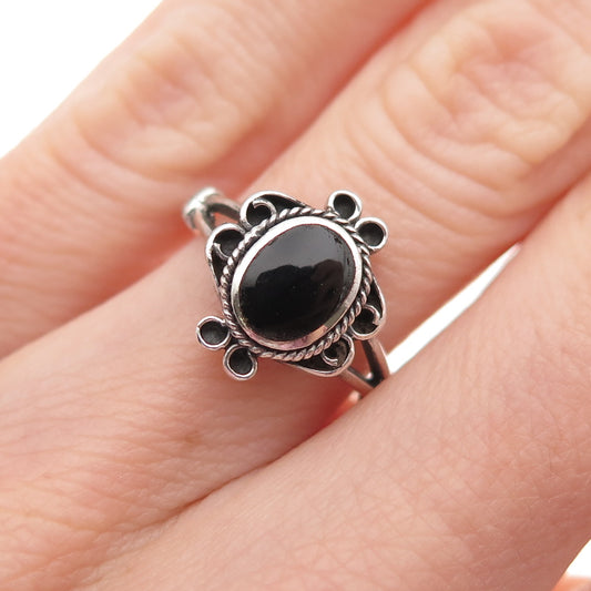 925 Sterling Silver Vintage Real Black Onyx Floral Oxidized Ring Size 5.25