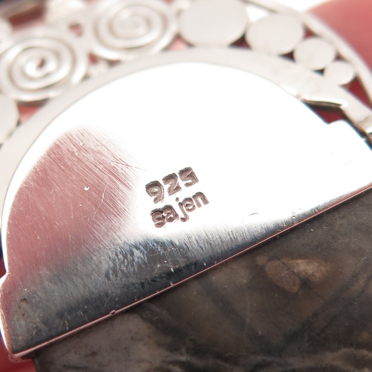 SAJEN 925 Sterling Silver Vintage Real Jasper & Red Garnet Modernist Pendant