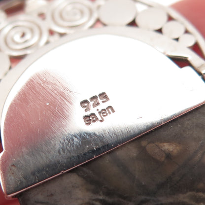 SAJEN 925 Sterling Silver Vintage Real Jasper & Red Garnet Modernist Pendant