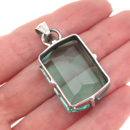925 Sterling Silver Vintage Emerald-Cut Mint Green Glass Charm Pendant