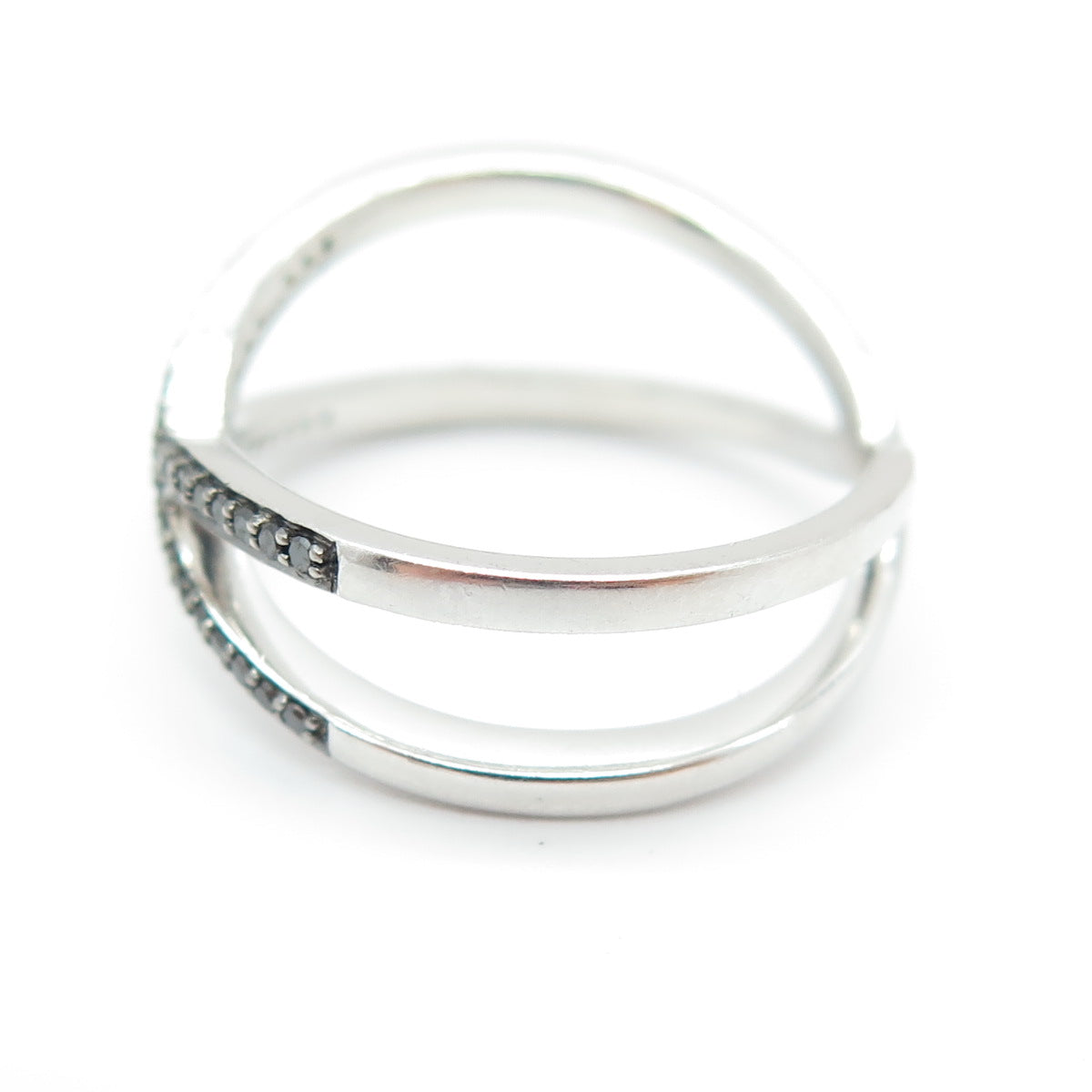 925 Sterling Silver Real Round-Cut Black Diamond Crisscross Ring Size 7.75