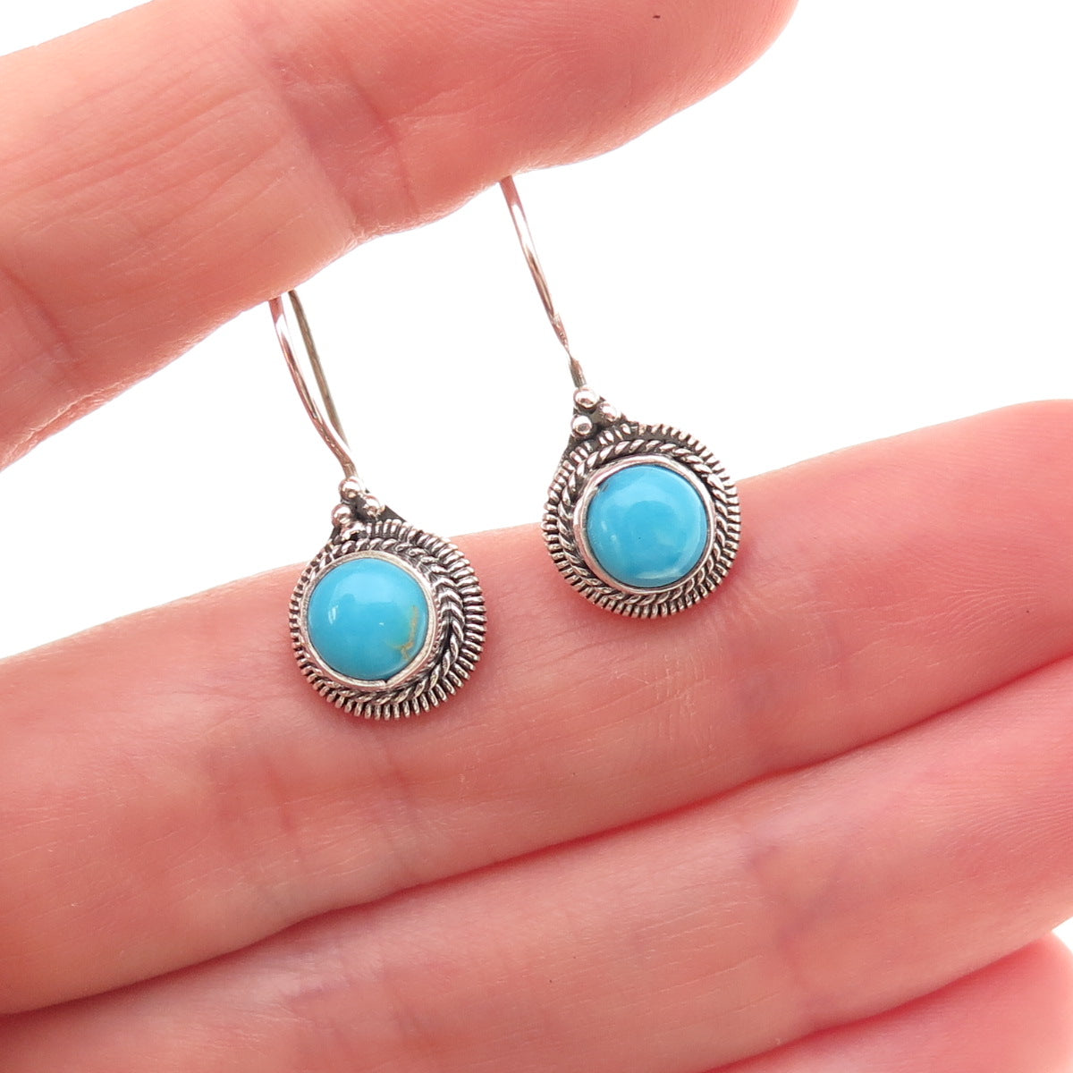 925 Sterling Silver Vintage Real Turquoise Oxidized Drop Earrings