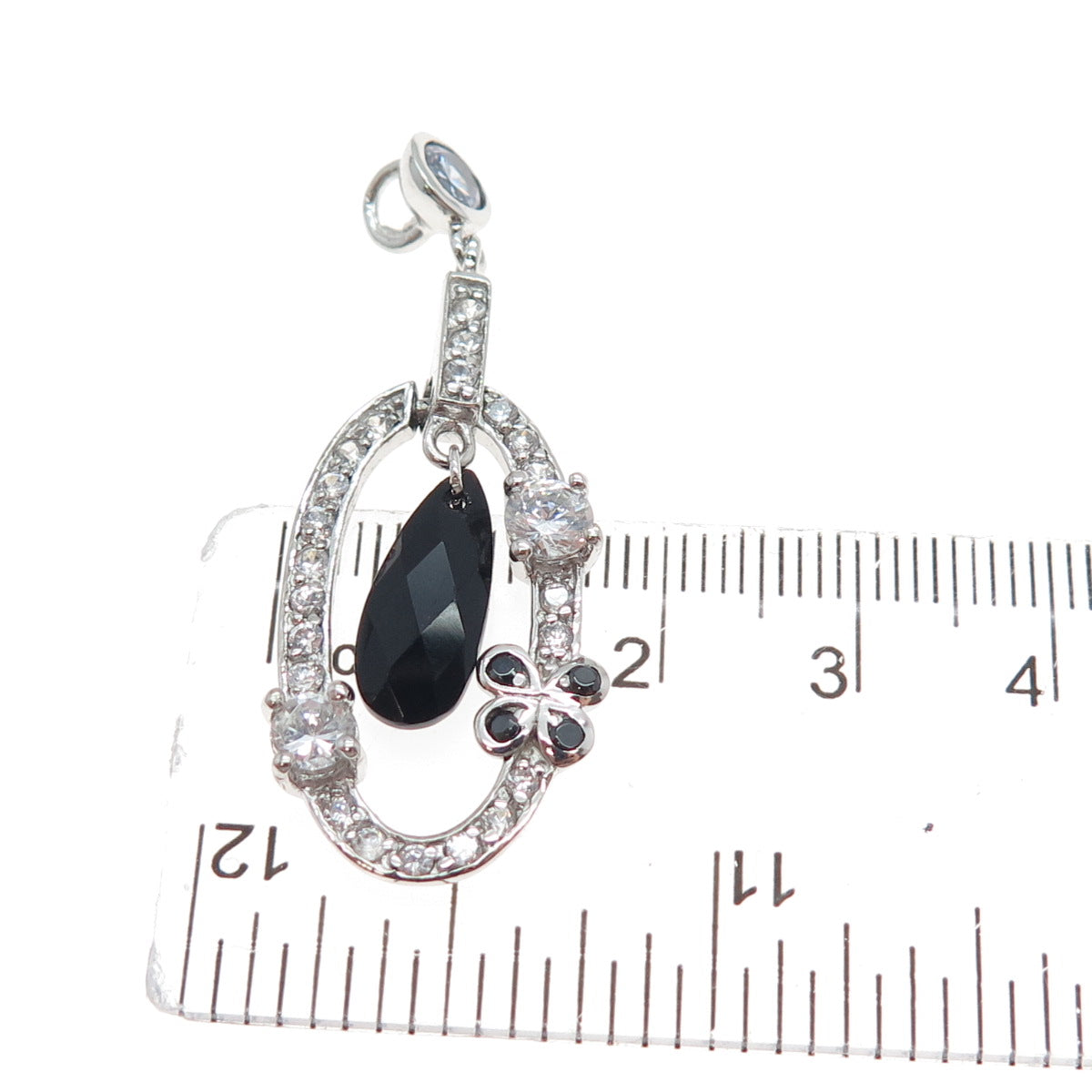 925 Sterling Silver Real Black Spinel & C Z Teardrop Butterfly Charm Pendant