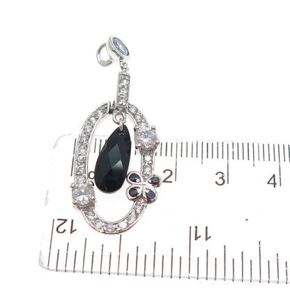 925 Sterling Silver Real Black Spinel & C Z Teardrop Butterfly Charm Pendant