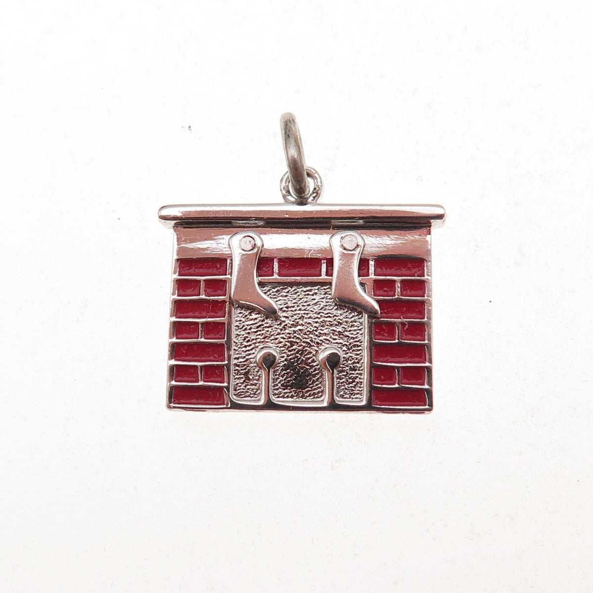 Wells 925 Sterling Silver Vintage Enamel Merry Christmas Fireplace Charm Pendant
