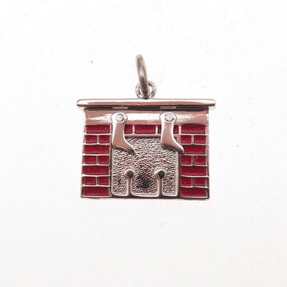 Wells 925 Sterling Silver Vintage Enamel Merry Christmas Fireplace Charm Pendant