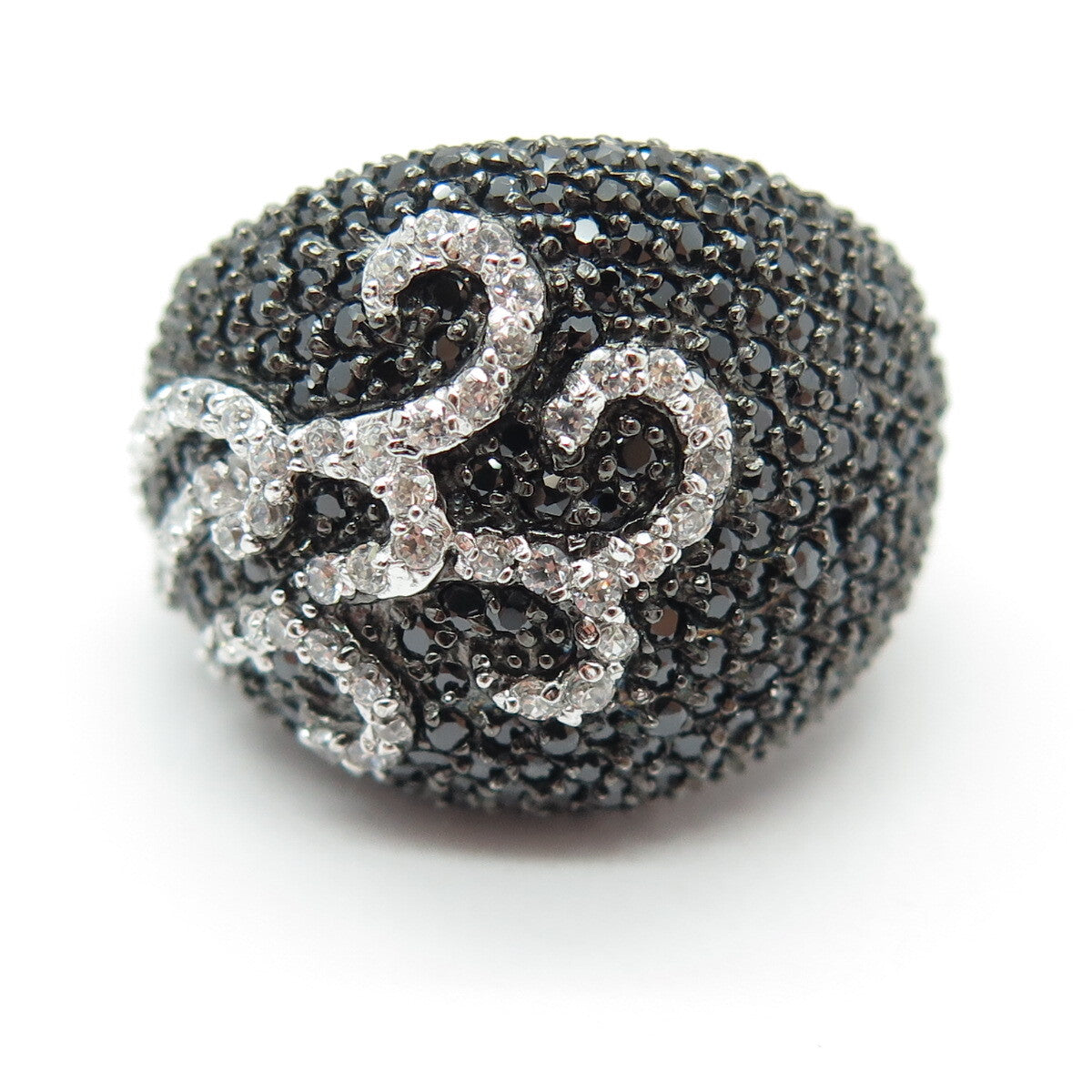 925 Sterling Silver Real Round-Cut Black Spinel & C Z Swirl Dome Ring Size 7.25
