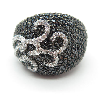 925 Sterling Silver Real Round-Cut Black Spinel & C Z Swirl Dome Ring Size 7.25