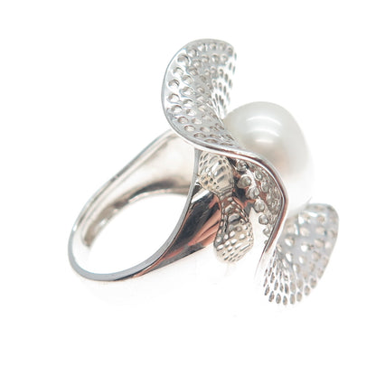 HONORA 925 Sterling Silver Real Pearl Flower Cutout Domed Ring Size 5.25