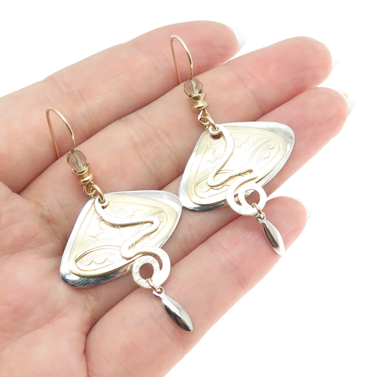 925 Sterling Silver & 14K Gold Filled Vintage Modernist Floral Dangling Earrings
